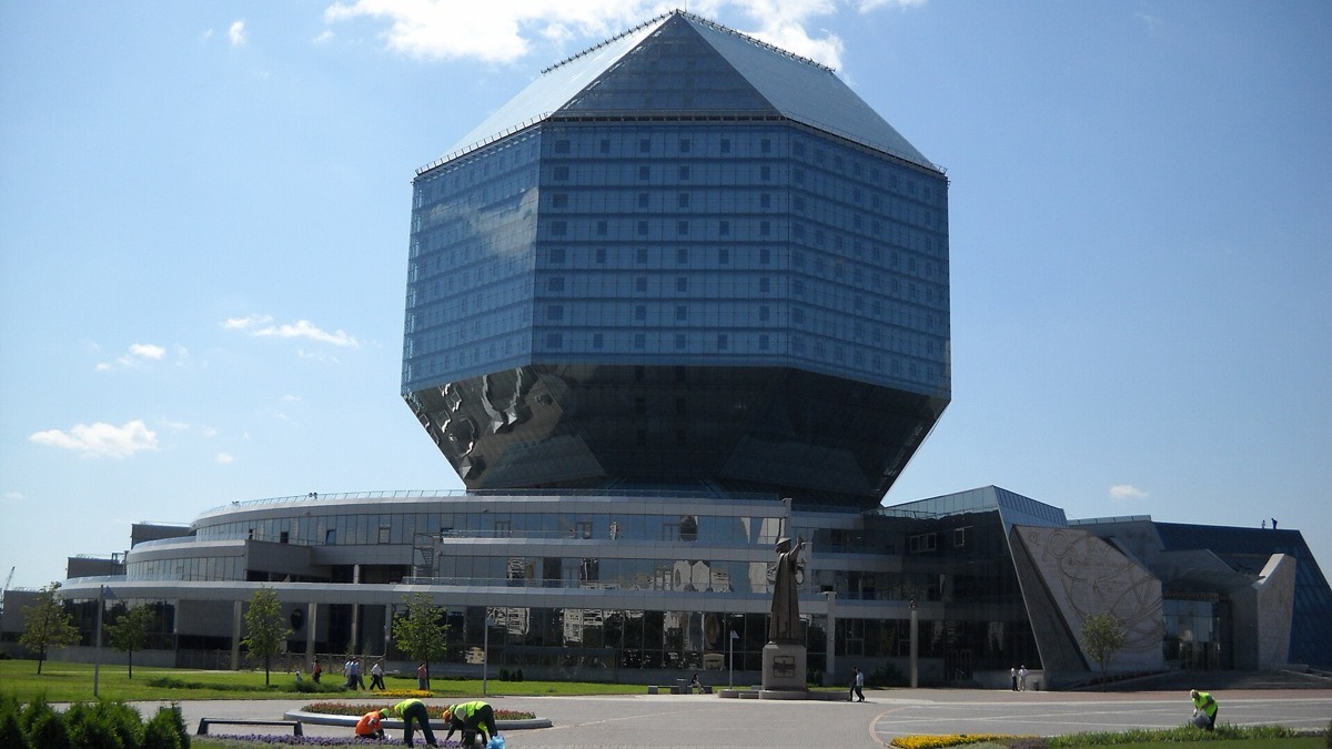 The diamond-shaped National Library of Belarus in Minsk